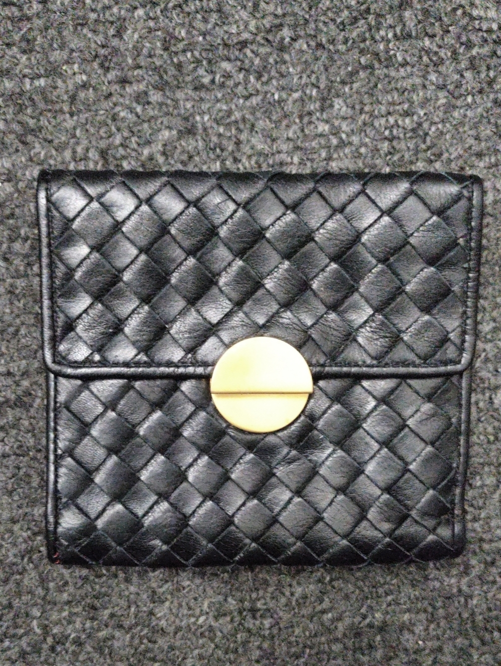 Black Woven Leather Compact Wallet with Gold Accent